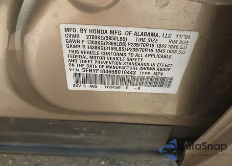 2005 Honda Pilot Ex из США, поврежденный, VIN 5FNYF18465B010443